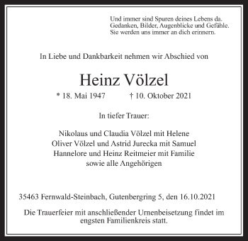 Traueranzeige von Heinz Völzel von Giessener Allgemeine, Alsfelder Allgemeine