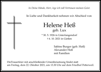 Traueranzeige von Helene Heß von Wetterauer Zeitung