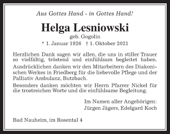 Traueranzeige von Helga Lesniowski von Wetterauer Zeitung