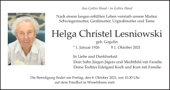 Traueranzeige von Helga Christel Lesniowski von Wetterauer Zeitung
