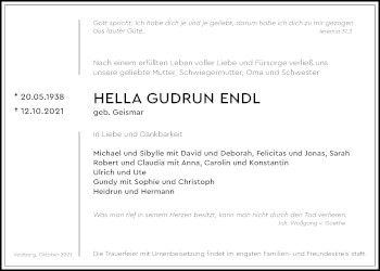 Traueranzeige von Hella Gudrun Endl von Giessener Allgemeine, Alsfelder Allgemeine