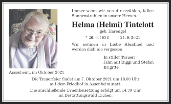 Traueranzeige von Helma Tintelott von Wetterauer Zeitung
