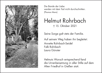 Traueranzeige von Helmut Rohrbach von Giessener Allgemeine, Alsfelder Allgemeine