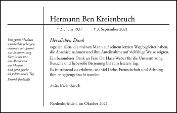 Traueranzeige von Hermann Ben Kreienbruch von Bad Vilbel/Karben