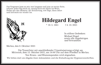 Traueranzeige von Hildegard Engel von Alsfelder Allgemeine