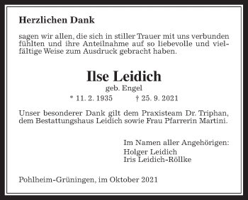 Traueranzeige von Ilse Leidich von Pohlheimer Nachrichten