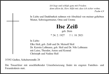 Traueranzeige von Ilse Zeiß von Giessener Allgemeine, Alsfelder Allgemeine
