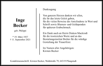 Traueranzeige von Inge Becker von Wetterauer Zeitung