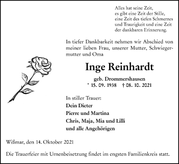 Traueranzeige von Inge Reinhardt von Giessener Allgemeine, Alsfelder Allgemeine
