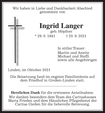 Traueranzeige von Ingrid Langer von Giessener Allgemeine, Alsfelder Allgemeine