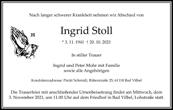 Traueranzeige von Ingrid Stoll von Bad Vilbel/Karben