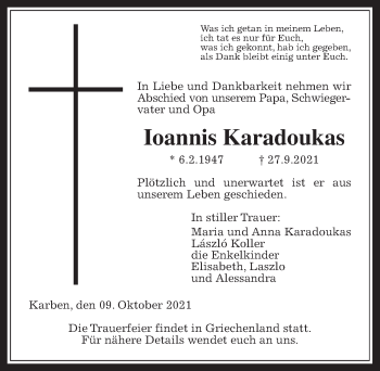Traueranzeige von Ioannis Karadoukas von Wetterauer Zeitung