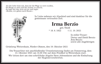 Traueranzeige von Irma Berzio von Giessener Allgemeine, Alsfelder Allgemeine