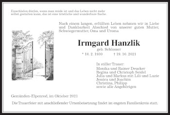 Traueranzeige von Irmgard Hanzlik von Alsfelder Allgemeine, Giessener Allgemeine