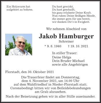 Traueranzeige von Jakob Hamburger von Wetterauer Zeitung