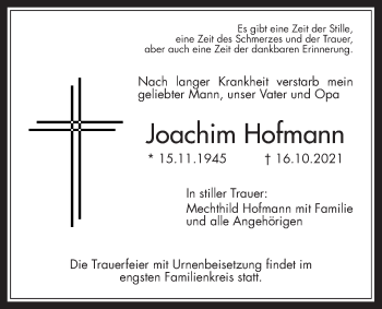 Traueranzeige von Joachim Hofmann von Wetterauer Zeitung