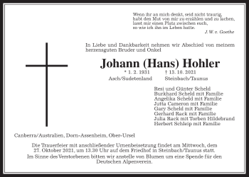 Traueranzeige von Johann Hohler von Wetterauer Zeitung