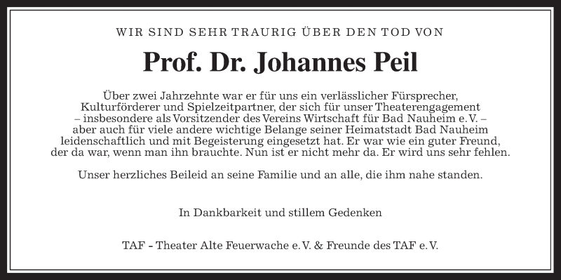  Traueranzeige für Johannes Peil vom 02.10.2021 aus Wetterauer Zeitung