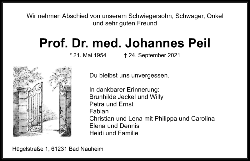  Traueranzeige für Johannes Peil vom 02.10.2021 aus Wetterauer Zeitung