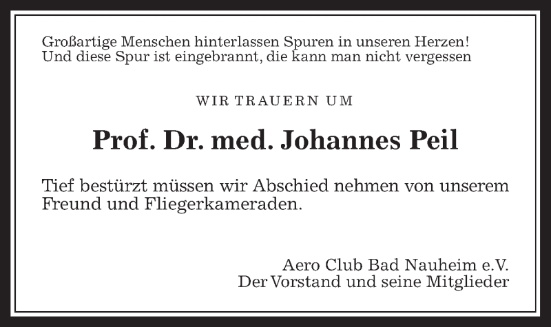  Traueranzeige für Johannes Peil vom 02.10.2021 aus Wetterauer Zeitung