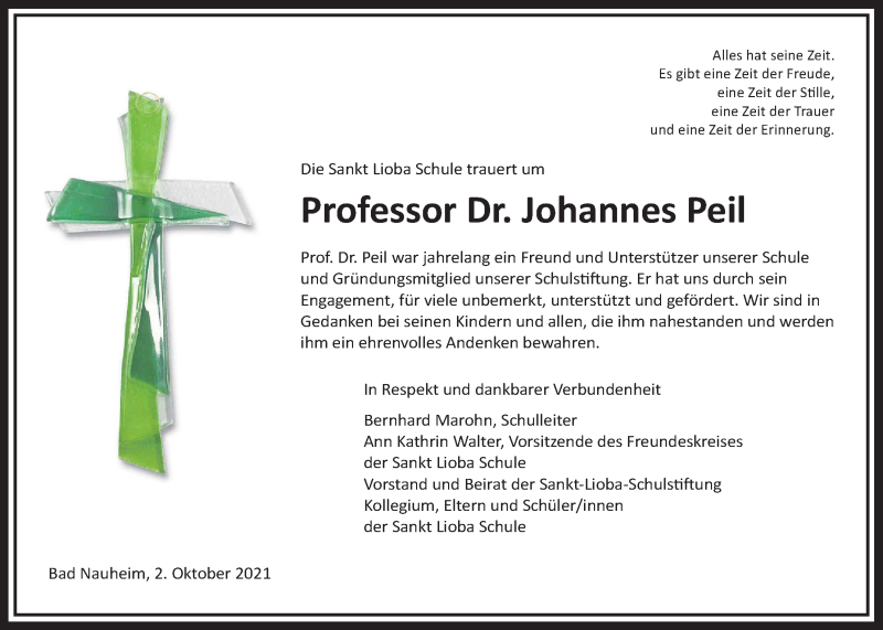  Traueranzeige für Johannes Peil vom 02.10.2021 aus Wetterauer Zeitung