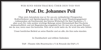 Traueranzeige von Johannes Peil von Wetterauer Zeitung