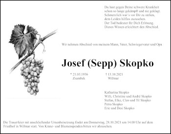 Traueranzeige von Josef Skopko von Giessener Allgemeine, Alsfelder Allgemeine