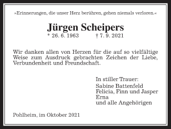 Traueranzeige von Jürgen Scheipers von Pohlheimer Nachrichten