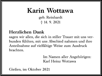 Traueranzeige von Karin Wottawa von Giessener Allgemeine, Alsfelder Allgemeine