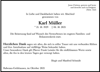 Traueranzeige von Karl Müller von Giessener Allgemeine, Alsfelder Allgemeine