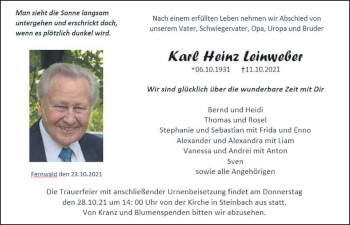 Traueranzeige von Karl Heinz Leinweber von Giessener Allgemeine, Alsfelder Allgemeine