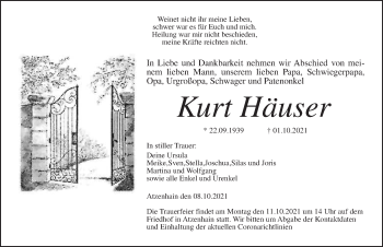 Traueranzeige von Kurt Häuser von Giessener Allgemeine, Alsfelder Allgemeine