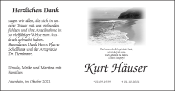 Traueranzeige von Kurt Häuser von Giessener Allgemeine, Alsfelder Allgemeine