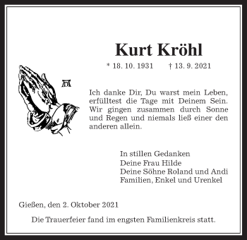 Traueranzeige von Kurt Kröhl von Giessener Allgemeine, Alsfelder Allgemeine
