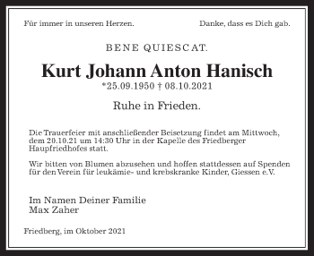 Traueranzeige von Kurt Johann Anton Hanisch von Wetterauer Zeitung