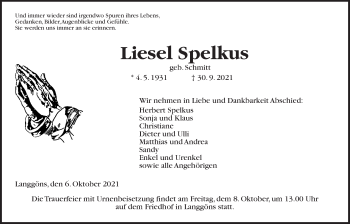 Traueranzeige von Liesel Spelkus von Giessener Allgemeine, Alsfelder Allgemeine