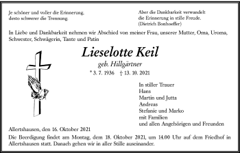 Traueranzeige von Lieselotte Keil von Giessener Allgemeine, Alsfelder Allgemeine