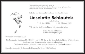 Traueranzeige von Lieselotte Schlautek von Wetterauer Zeitung