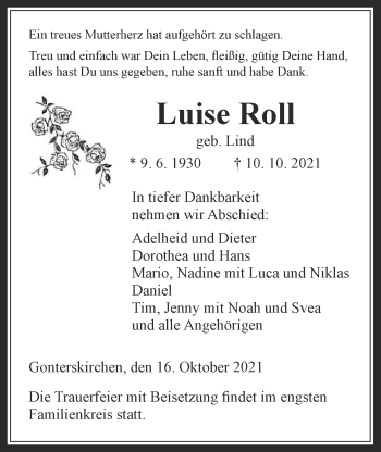 Traueranzeige von Luise Roll von Laubacher Anzeiger