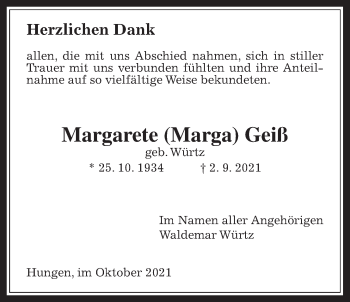 Traueranzeige von Margarete Geiß von Licher Wochenblatt