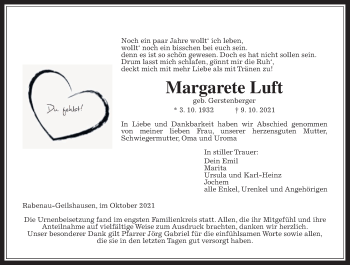 Traueranzeige von Margarete Luft von Giessener Allgemeine, Alsfelder Allgemeine