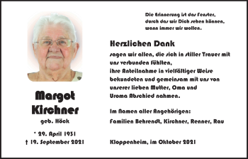 Traueranzeige von Margot Kirchner von Wetterauer Zeitung, Bad Vilbeler Anzeiger, Karbener Zeitung