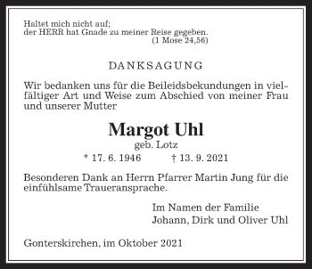 Traueranzeige von Margot Uhl von Laubacher Anzeiger