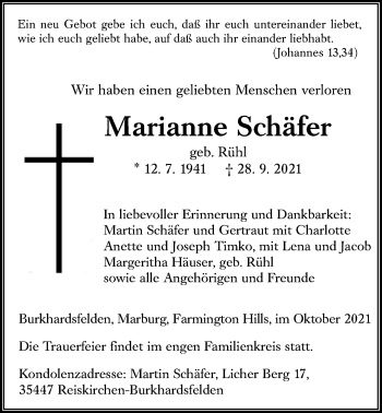 Traueranzeige von Marianne Schäfer von Giessener Allgemeine, Alsfelder Allgemeine