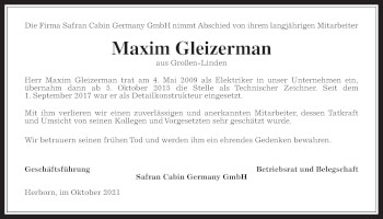 Traueranzeige von Maxim Gleizerman von Giessener Allgemeine, Alsfelder Allgemeine