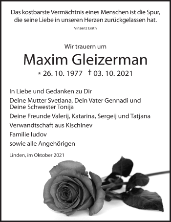 Traueranzeige von Maxim Gleizermann von Giessener Allgemeine, Alsfelder Allgemeine