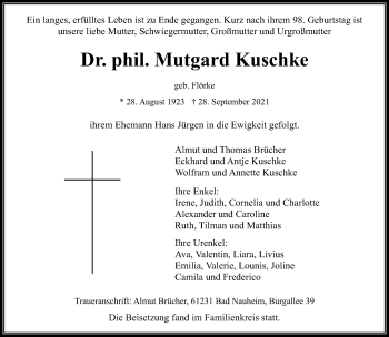 Traueranzeige von Mutgard Kuschke von Wetterauer Zeitung