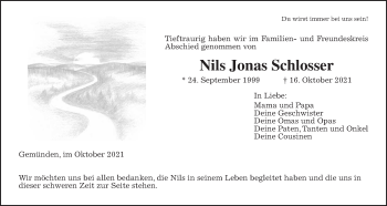 Traueranzeige von Nils Jonas Schlosser von Giessener Allgemeine, Alsfelder Allgemeine