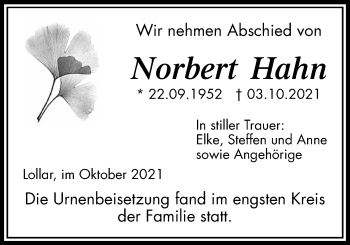 Traueranzeige von Norbert Hahn von Giessener Allgemeine, Alsfelder Allgemeine