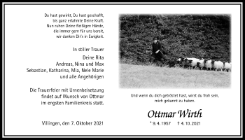 Traueranzeige von Ottmar Wirth von Giessener Allgemeine, Alsfelder Allgemeine